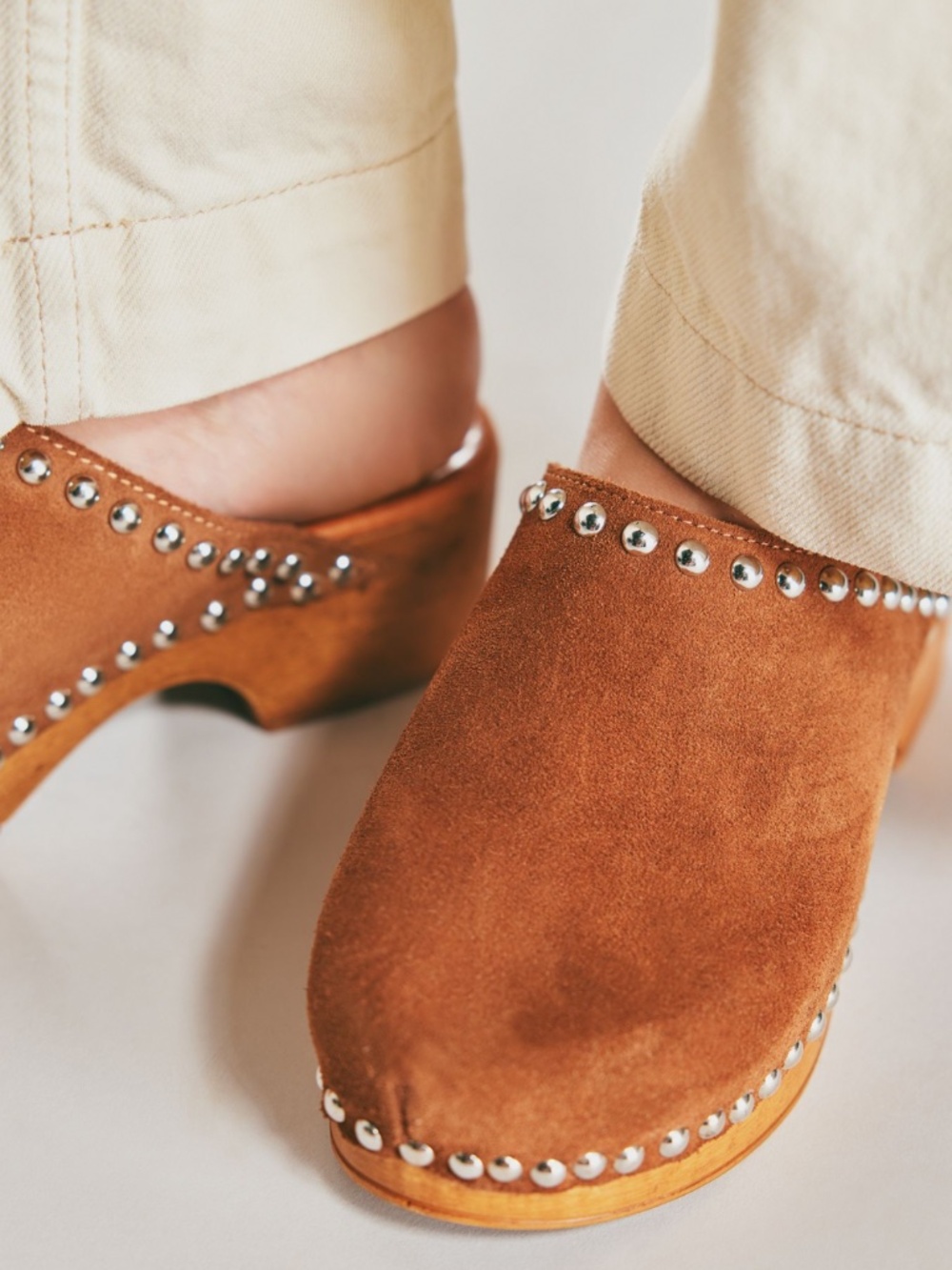 NWT: Tan Suede Studded Wood Bottom Clogs (37 EU - 6 / 6.5 US) - Picture 4 of 6